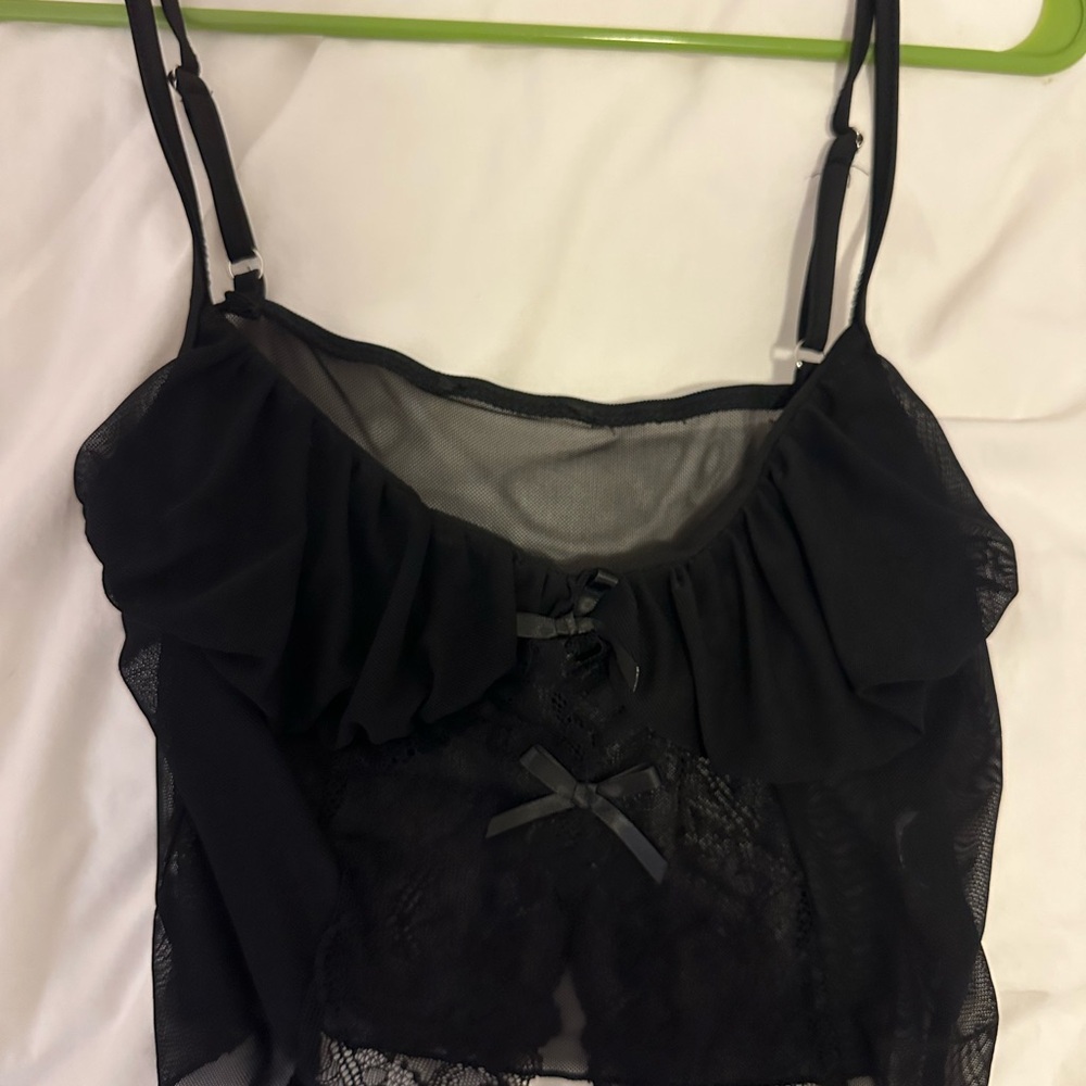 Chic Black Lace Camisole with Ruffle and Bow